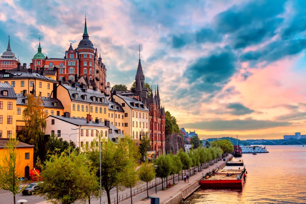 stockholm, sweden. scenic summer sunset view with colorful sky of the old town architecture in sodermalm district.