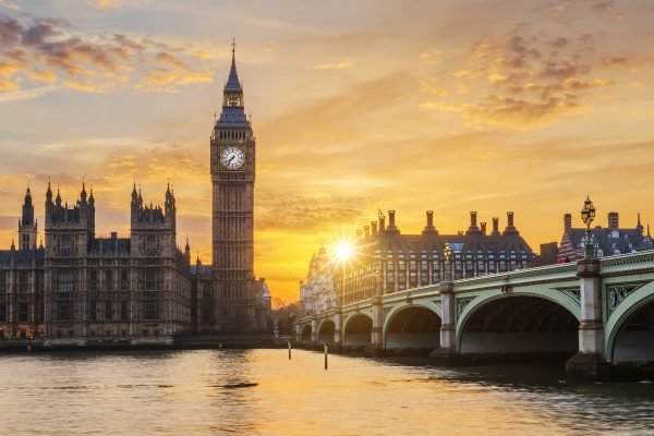 big ben and westminster bridge at sunset