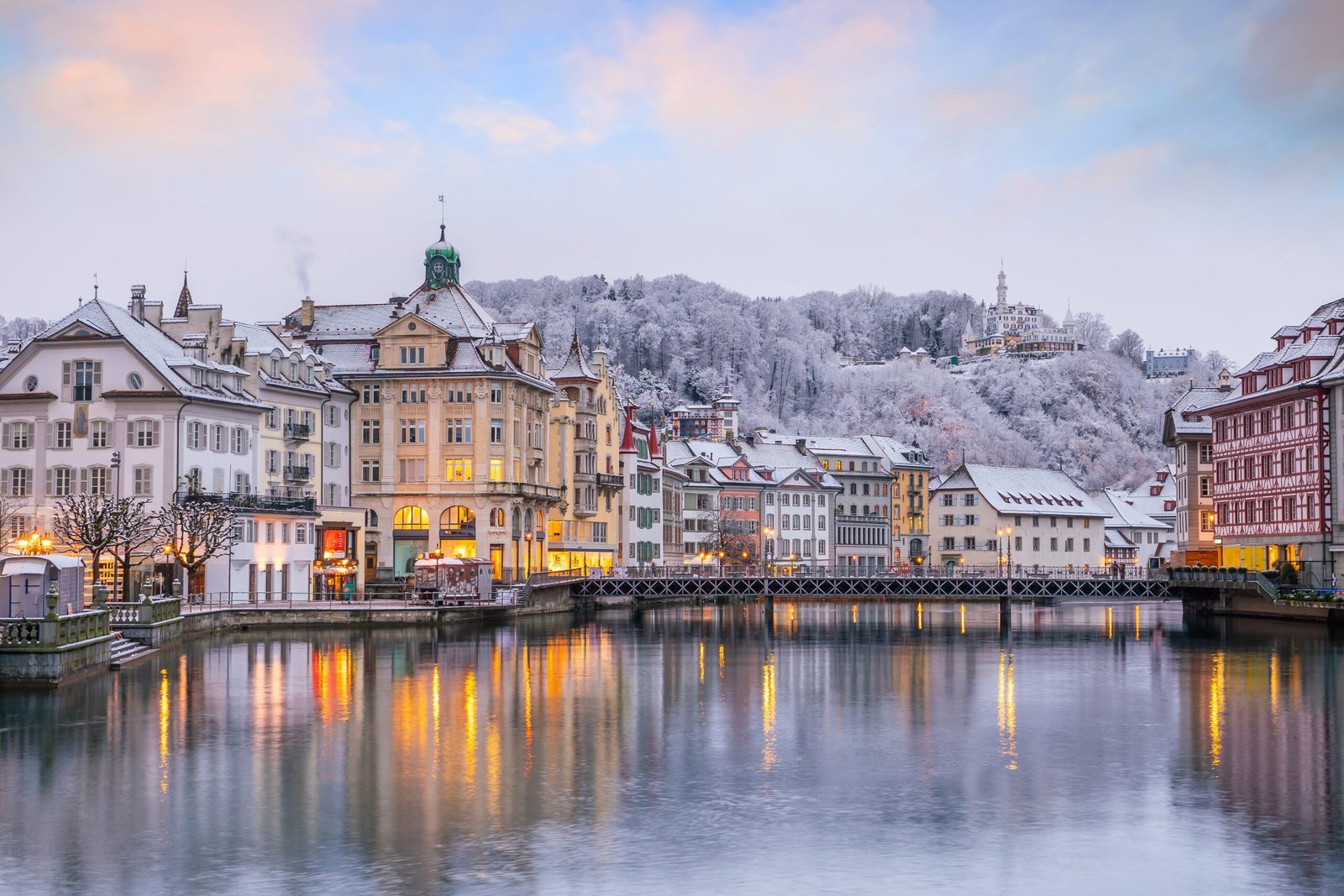 historic city center of downtown lucerne with chapel bridge and