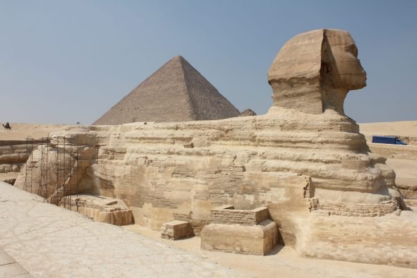 shot of a historic sphinx in the middle of a typical egyptian scenery under the clear sky